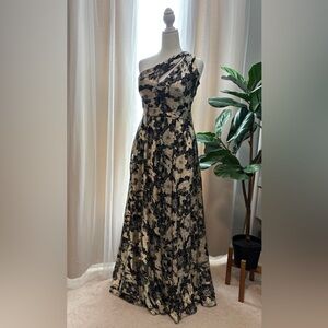 Betsy & Adam One Shoulder Formal Dress - Dark Green and Gold